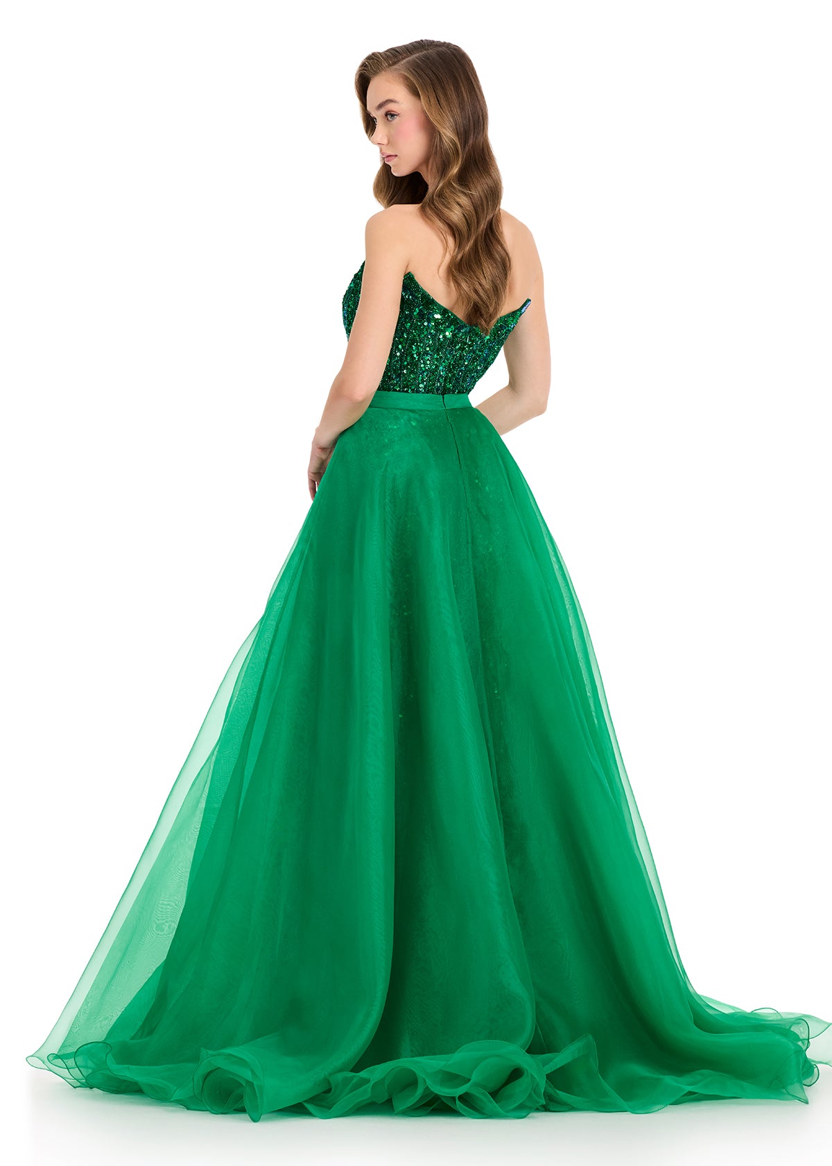 ASHLEYlauren 1740 Emerald Organza Pageant Overskirt Wire Hem Layered Train Detachable back