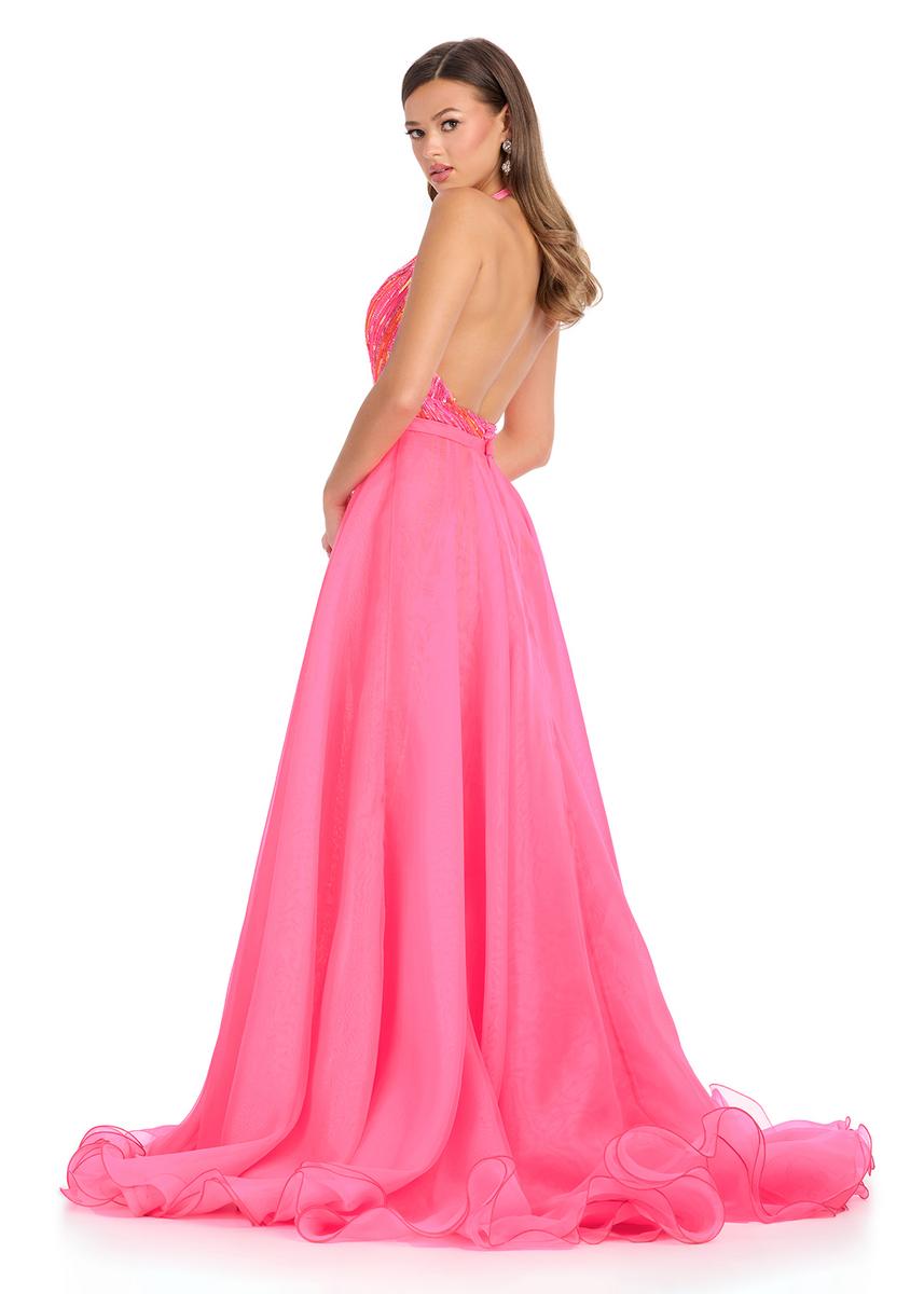 ASHLEYlauren 1740 Hot Pink Organza Pageant Overskirt Wire Hem Layered Train back