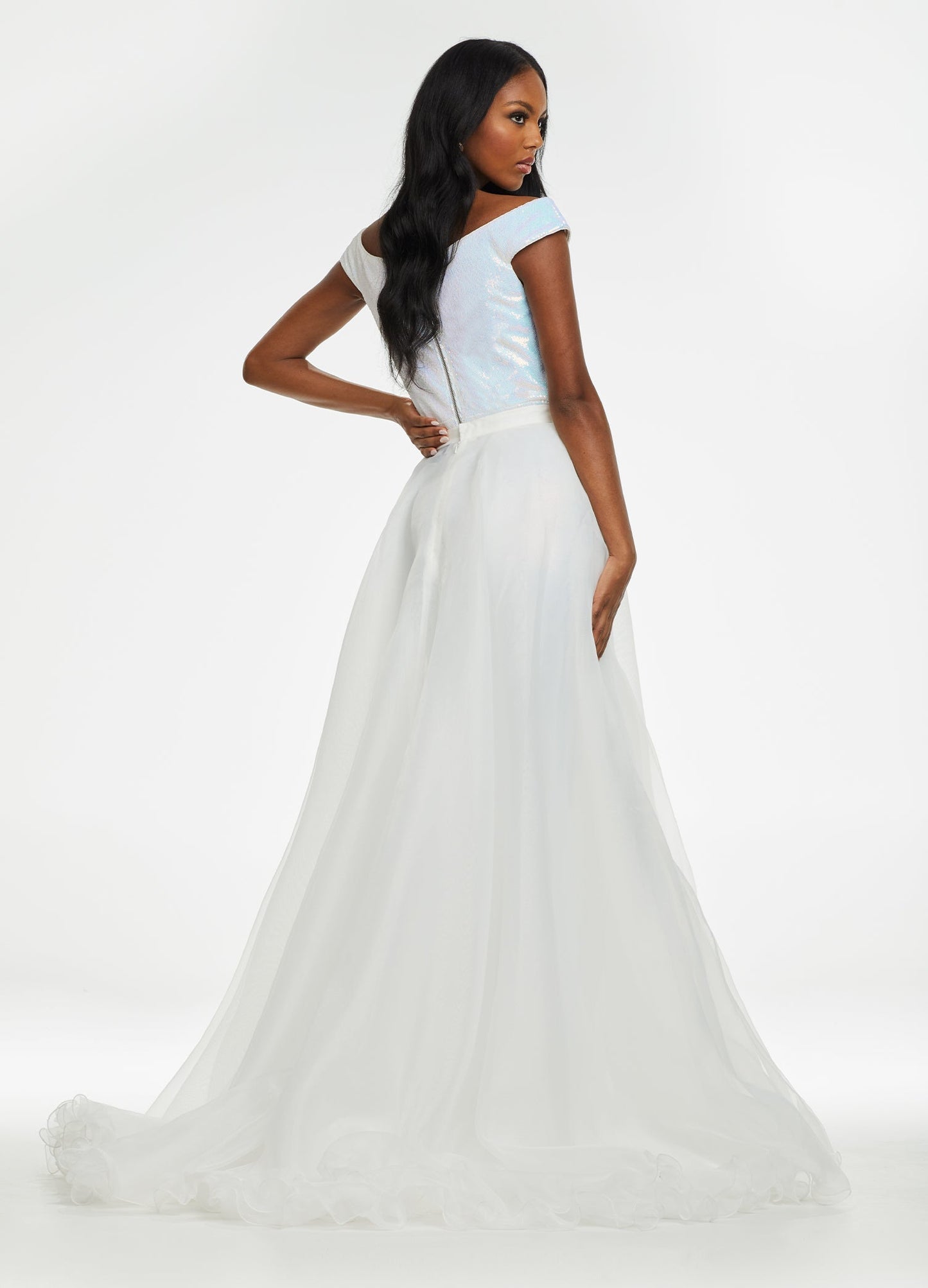 ASHLEYlauren 1740 Ivory Long Layered Organza Overskirt with Wire Hem  Layered Train Detachable Add extra flair to your favorite dress, romper, bodysuit or jumpsuit with this organza overskirt with wire hem. The skirt is complete with a sweeping train. This Pageant Over Skirt can be the Glamorous Touch to any Formal Wear Style Including Bridal & Wedding Gowns. See Style 1739 for a Cathedral length bridal Overskirt.