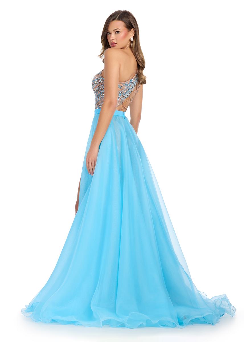 ASHLEYlauren 1740 Light Blue Organza Pageant Overskirt Wire Hem Layered Train back