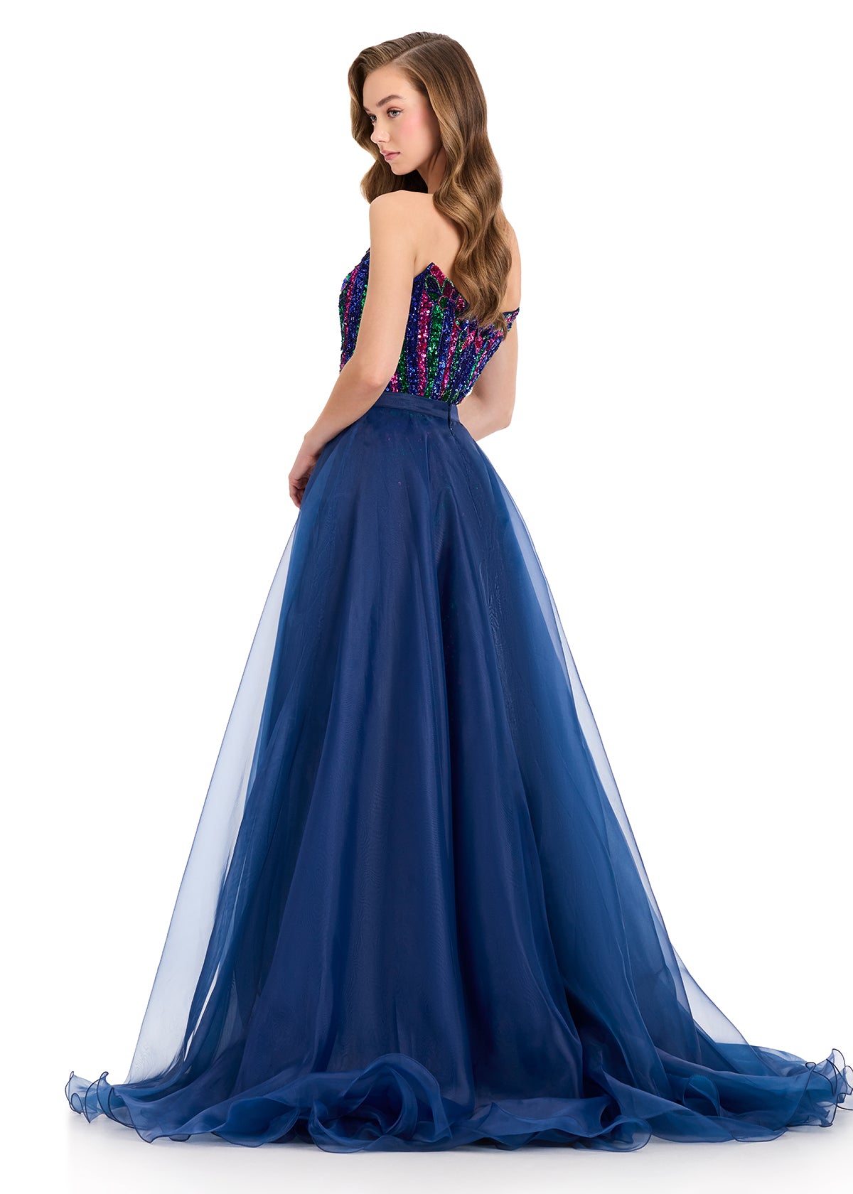 ASHLEYlauren 1740 Navy Organza Pageant Overskirt Wire Hem Layered Train back