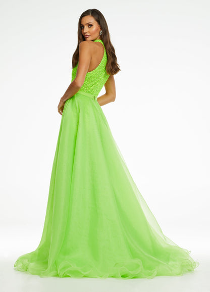 ASHLEYlauren 1740 Neon Green Long Layered Organza Overskirt with Wire Hem  Layered Train Detachable Add extra flair to your favorite dress, romper, bodysuit or jumpsuit with this organza overskirt with wire hem. The skirt is complete with a sweeping train. This Pageant Over Skirt can be the Glamorous Touch to any Formal Wear Style Including Bridal & Wedding Gowns. See Style 1739 for a Cathedral length bridal Overskirt.
