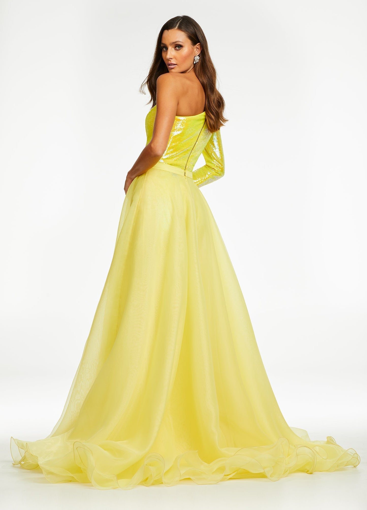 ASHLEYlauren 1740 Yellow Organza Overskirt with Wire Hem  Layered Train Detachable Add extra flair to your favorite dress, romper, bodysuit or jumpsuit with this organza overskirt with wire hem. The skirt is complete with a sweeping train. 