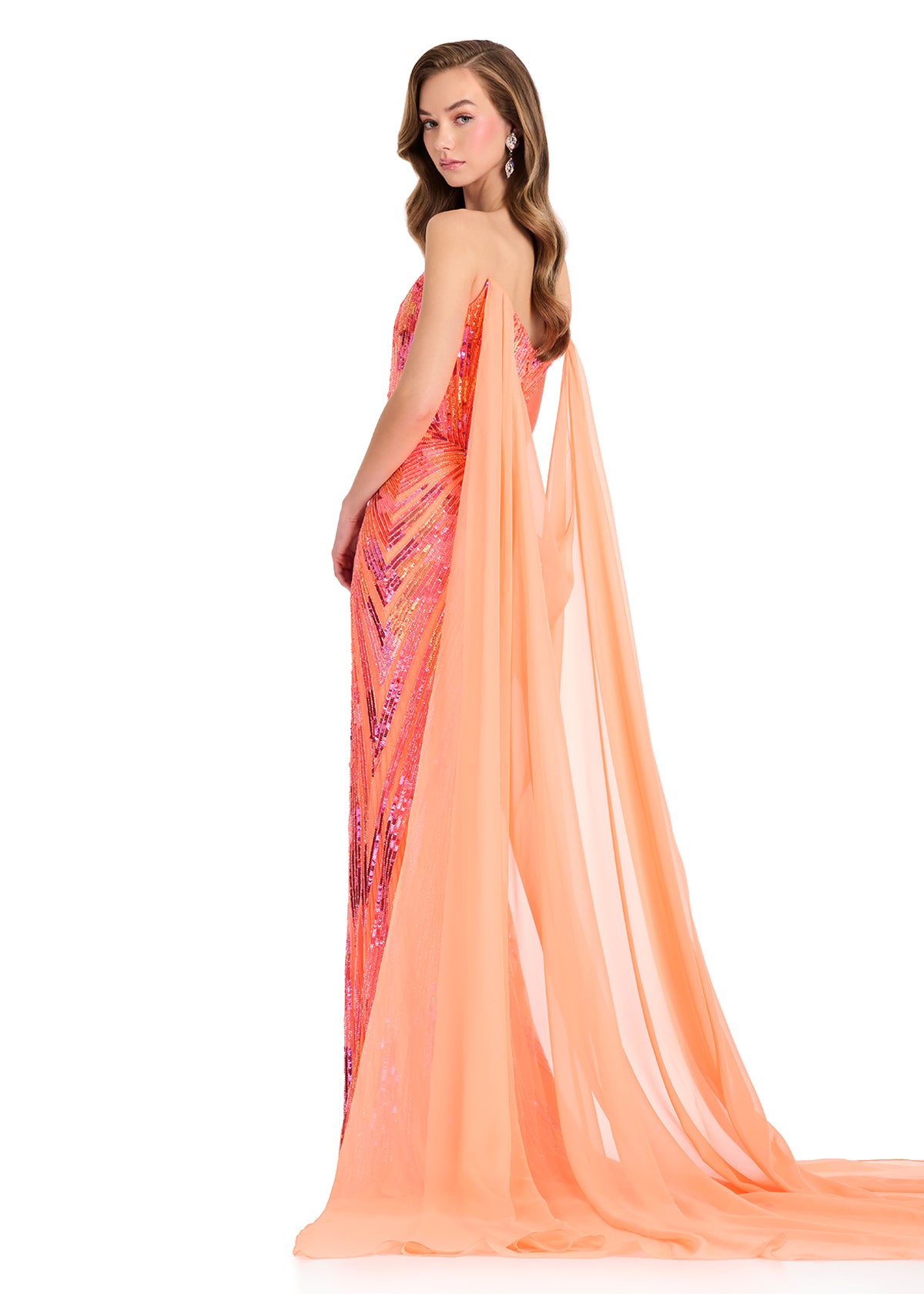 ASHLEYlauren 1868 Coral chiffon cape pageant wear