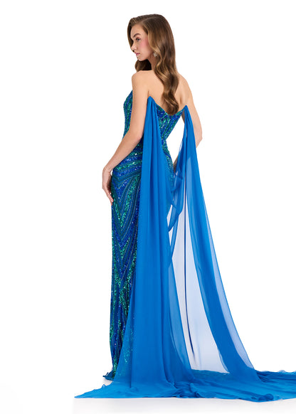 ASHLEYlauren 1868 peacock chiffon cape pageant wear