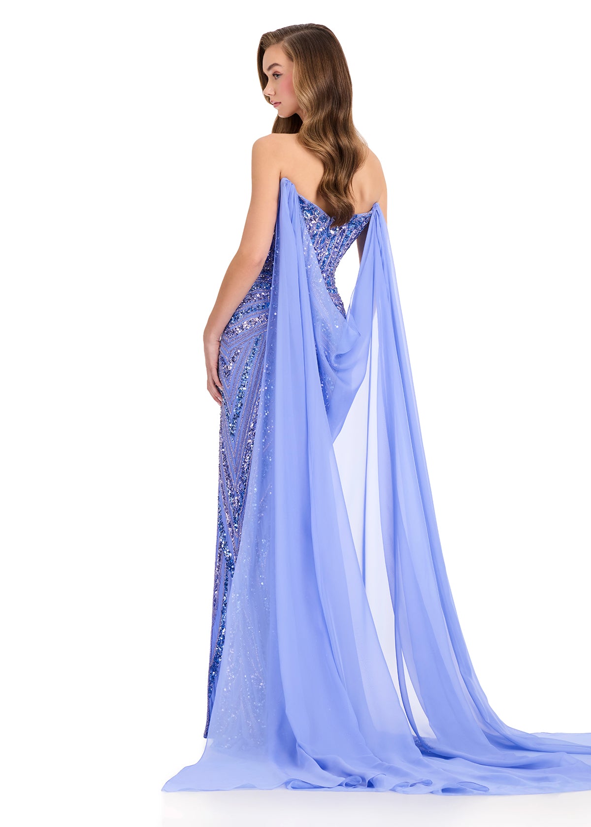 ASHLEYlauren 1868 periwinkle chiffon cape pageant wear