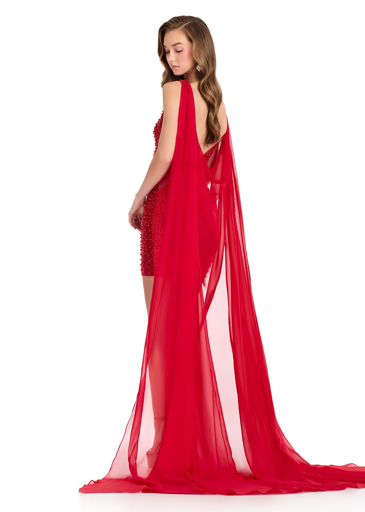 ASHLEYlauren 1868 red chiffon cape pageant wear