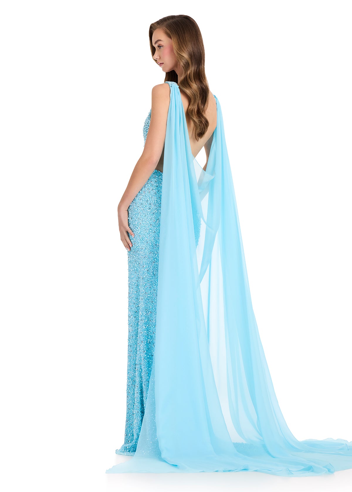 ASHLEYlauren 1868 sky chiffon cape pageant wear