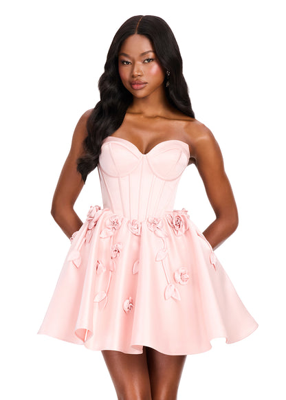 ASHLEYlauren 40019 Blush Satin Cocktail Dress Corset Flared Skirt 3D Floral Applique