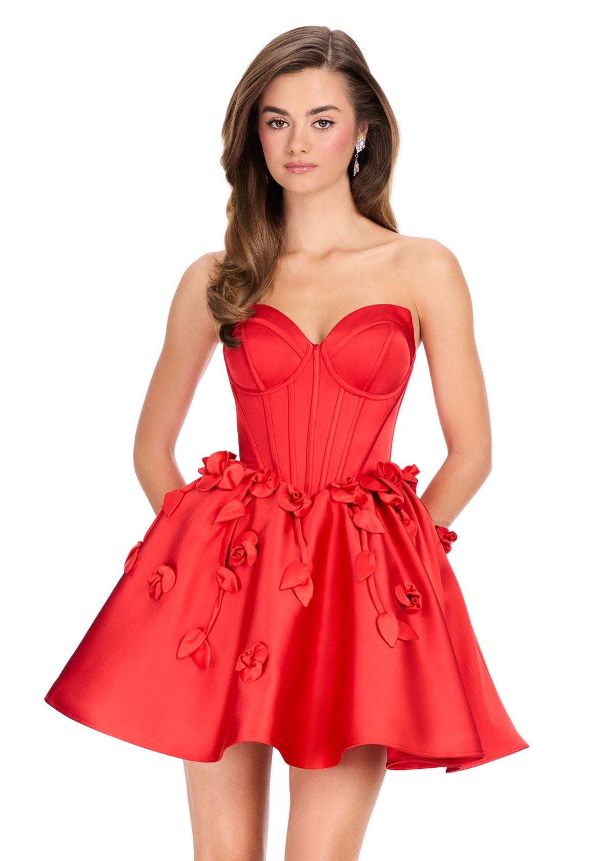 ASHLEYlauren 40019 Red Satin Cocktail Dress Corset Flared Skirt 3D Floral Applique