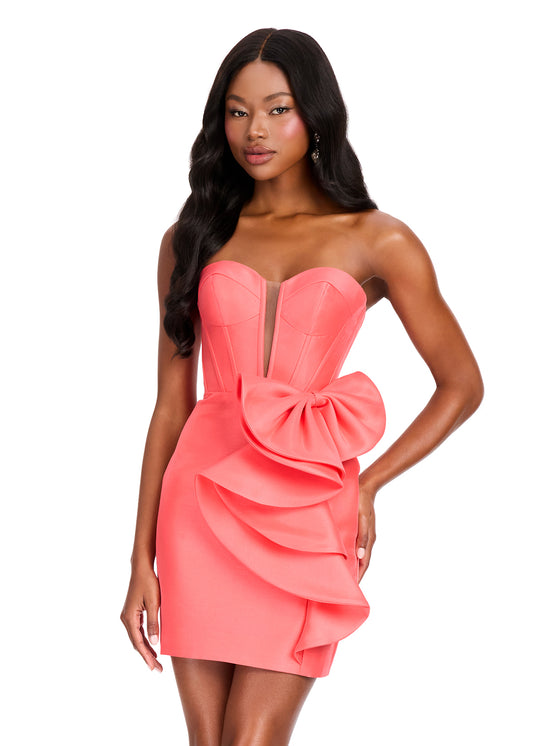 ASHLEYlauren 40025 Coral Bow Cocktail Dress with Cascading Ruffle