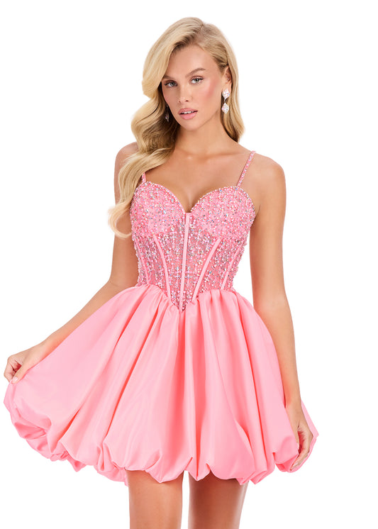 ASHLEYlauren 40032 Candy Pink Cocktail Dress Bubble Skirt Lace Overlay Embellished Bodice