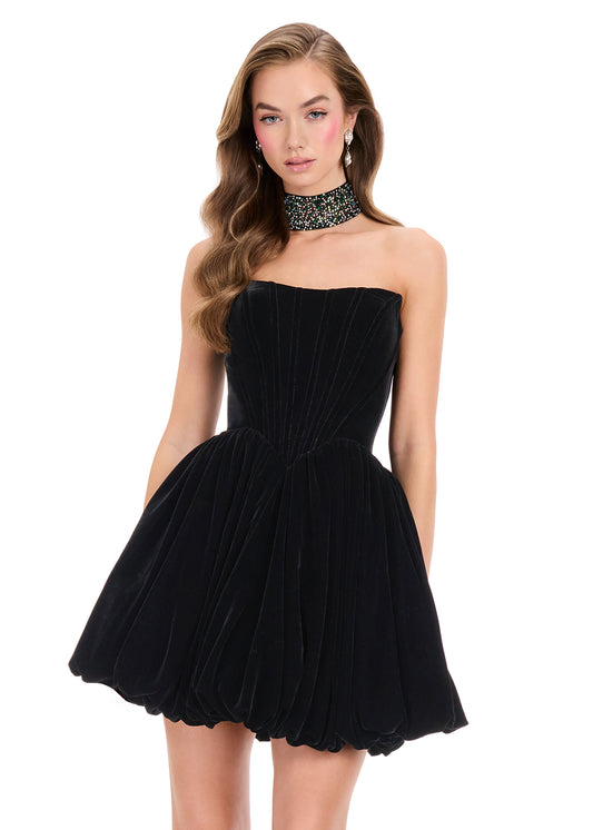 ASHLEYlauren 40033 Black velvet cocktail dress with choker and bubble skirt