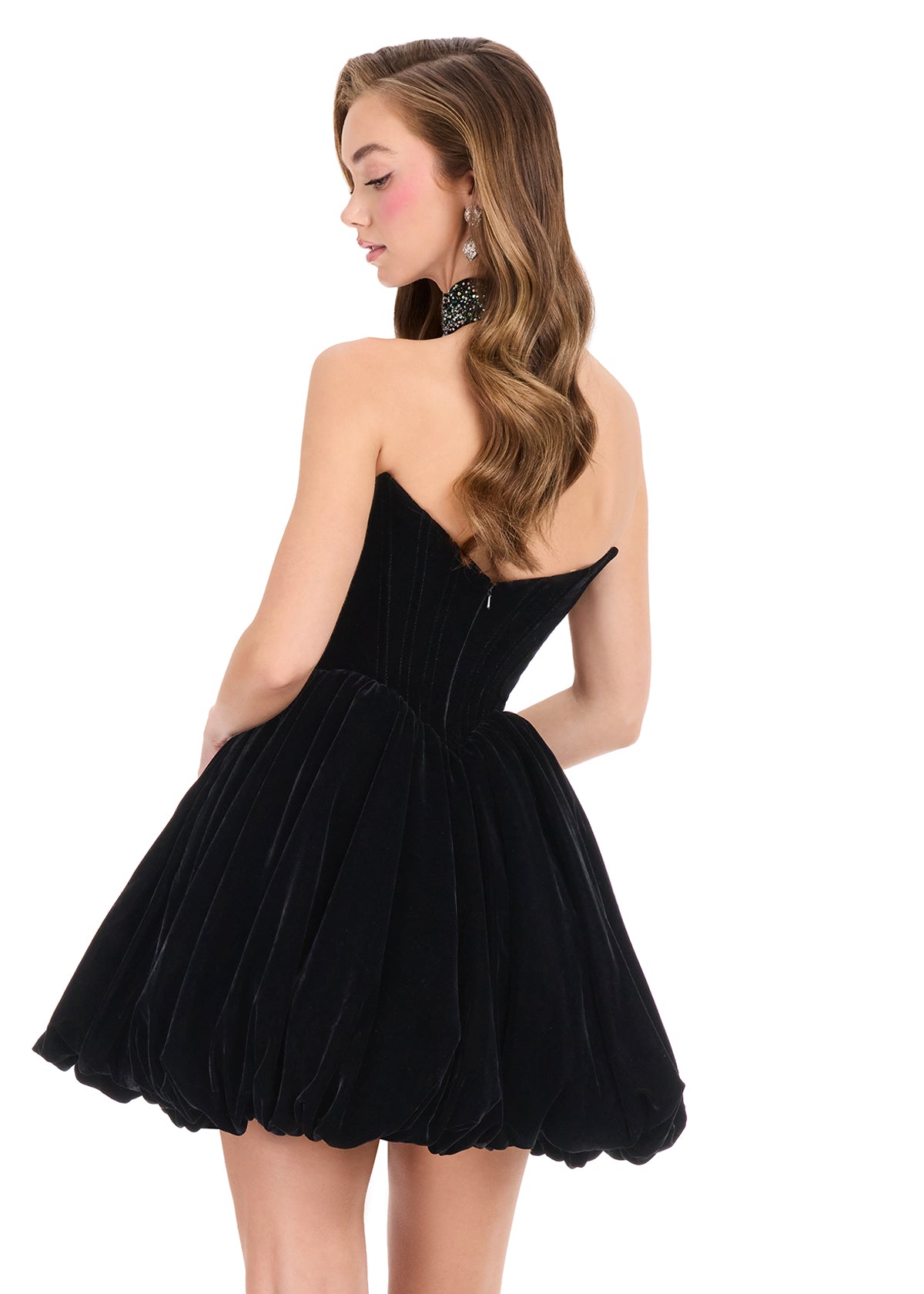 ASHLEYlauren 40033 Black velvet cocktail dress with choker and bubble skirt back