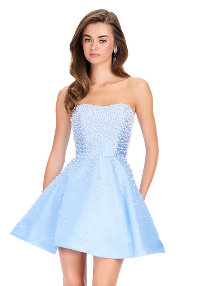 ASHLEYlauren 40043 Sky Blue Pearl Beaded Cocktail Dress Strapless Flared Skirt
