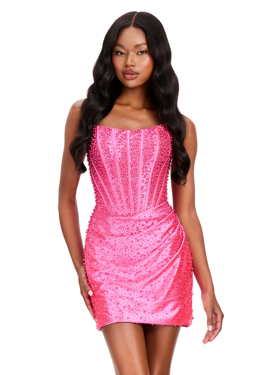 ASHLEYlauren 40063 Fuchsia Pearl Corset Cocktail Dress