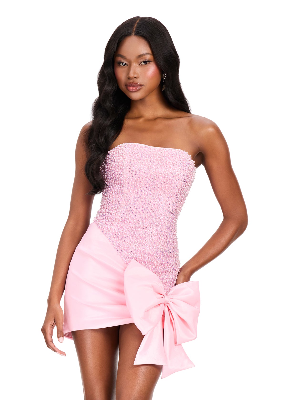 ASHLEYlauren 40064 Ice Pink Pearl Cocktail Dress Wrap Skirt Oversized Bow