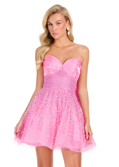 ASHLEYlauren 40066 Candy Pink Pearl Bow Cocktail Dress