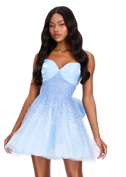 ASHLEYlauren 40066 Sky Pearl Bow Cocktail Dress