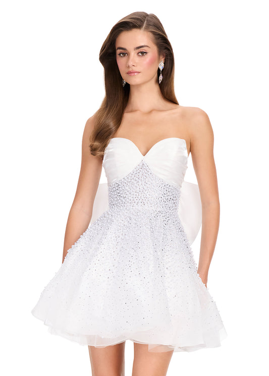 ASHLEYlauren 40066 White Pearl Cocktail Dress Bow Back