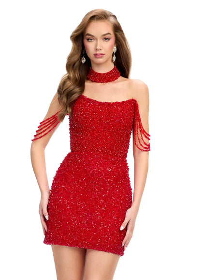 ASHLEYlauren 4758 red beaded cocktail dress pearls crystal off the shoulder choker fitted