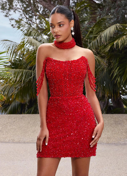 ASHLEYlauren 4758 red beaded cocktail dress pearls crystal off the shoulder choker fitted