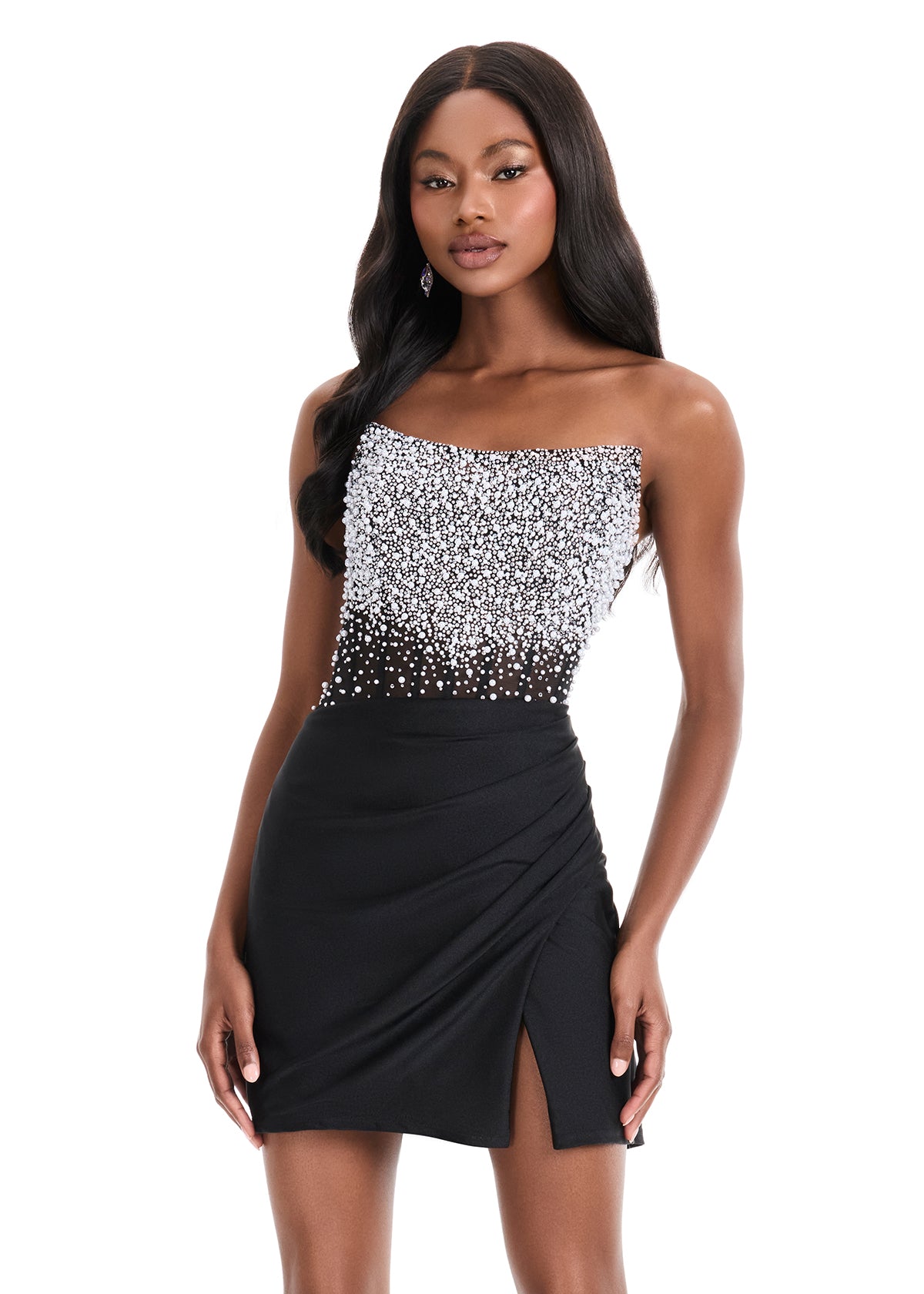 ASHLEYlauren 4923 Black Crystal Pearl Corset Homecoming Dress Scoop neck Slit Cocktail Gown