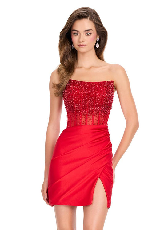 ASHLEYlauren 4923 Red Pearl Crystal Corset Homecoming Dress