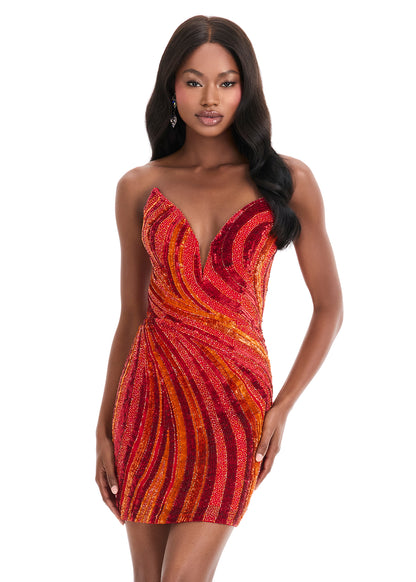 ASHLEYlauren 4932 Orange/Red Fitted Beaded Sequin Cocktail Dress 