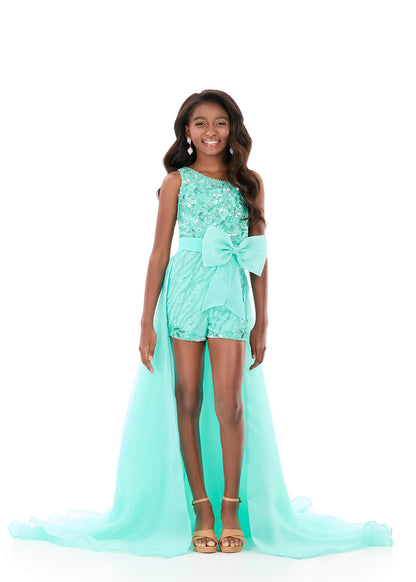 ASHLEYlauren 8325 Aqua One Shoulder Girls Romper Beaded Bodice with Organza Overskirt