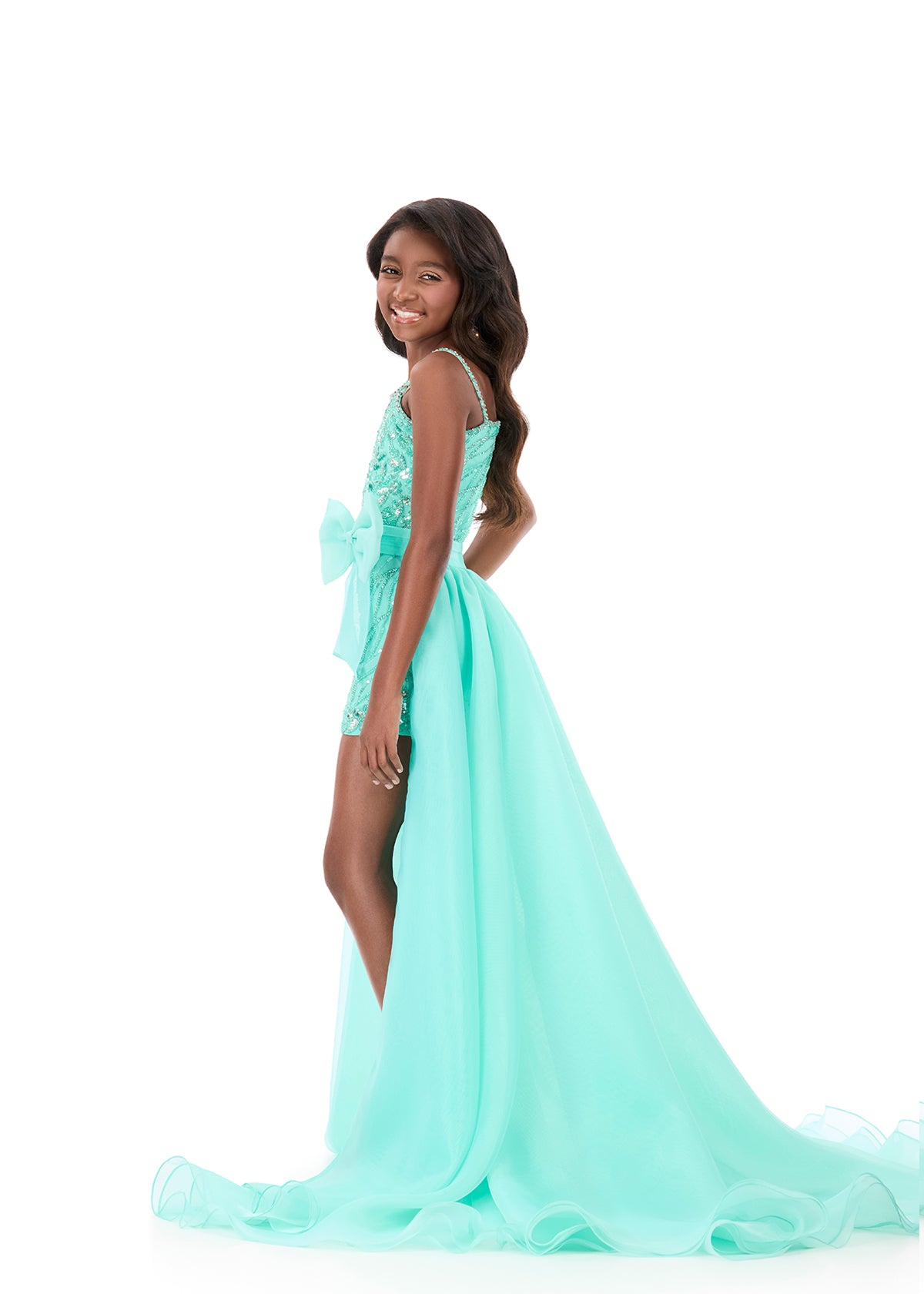 ASHLEYlauren 8325 Aqua One Shoulder Girls Romper Beaded Bodice with Organza Overskirt