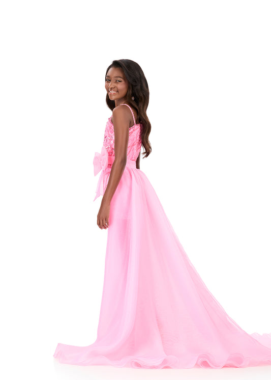 ASHLEYlauren 8325 Candy Pink One Shoulder Girls Romper Beaded Bodice with Organza Overskirt