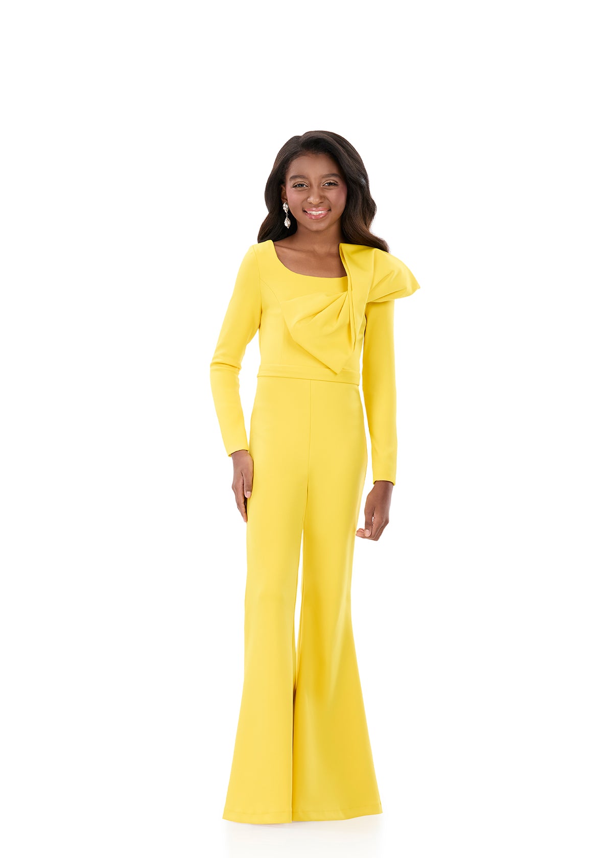 ASHLEYlauren 8327 Yellow One Shoulder Girls Jumpsuit Bow Long Sleeves