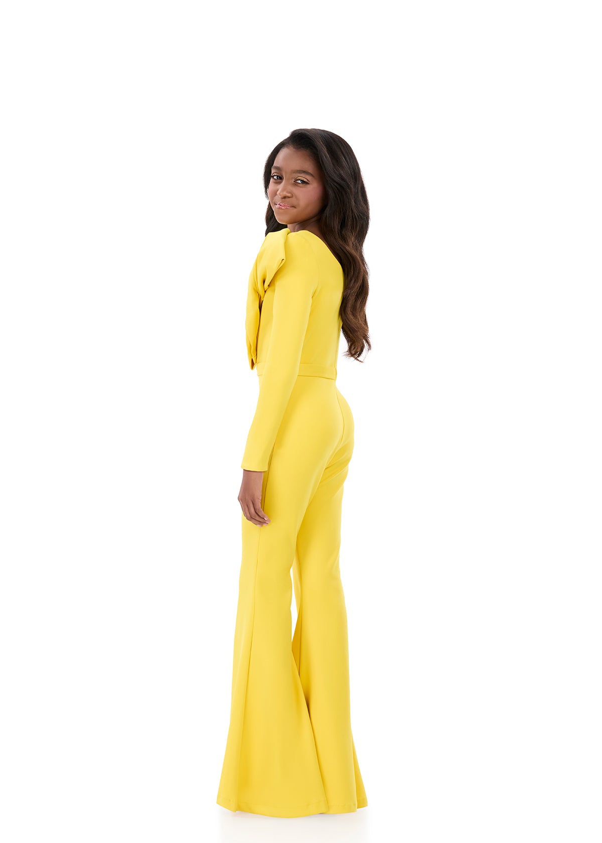 ASHLEYlauren 8327 Yellow One Shoulder Girls Jumpsuit Bow Long Sleeves