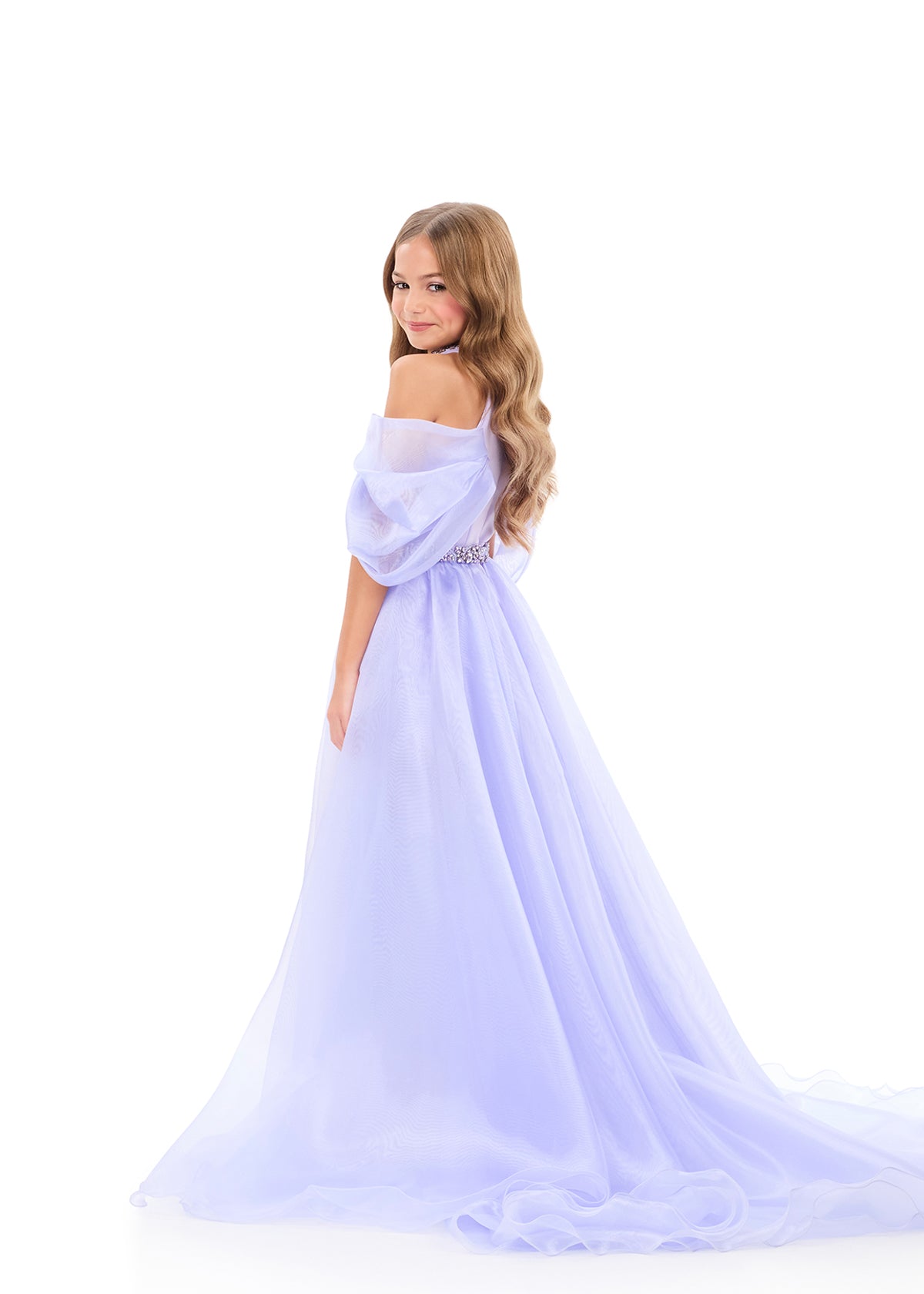 ASHLEYlauren 8339 Lilac Kids Romper with Overskirt Dramatic Puff Sleeves
