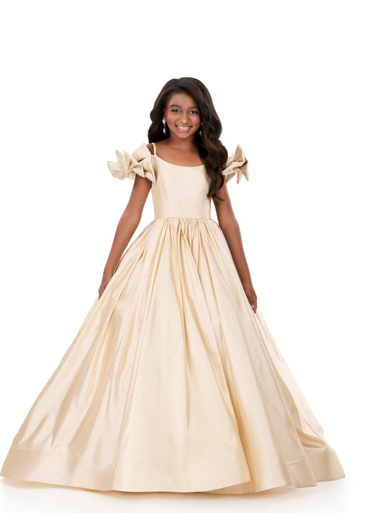 ASHLEYlauren 8349 Girls Gold Bow Sleeve Ball Gown Pageant Dress