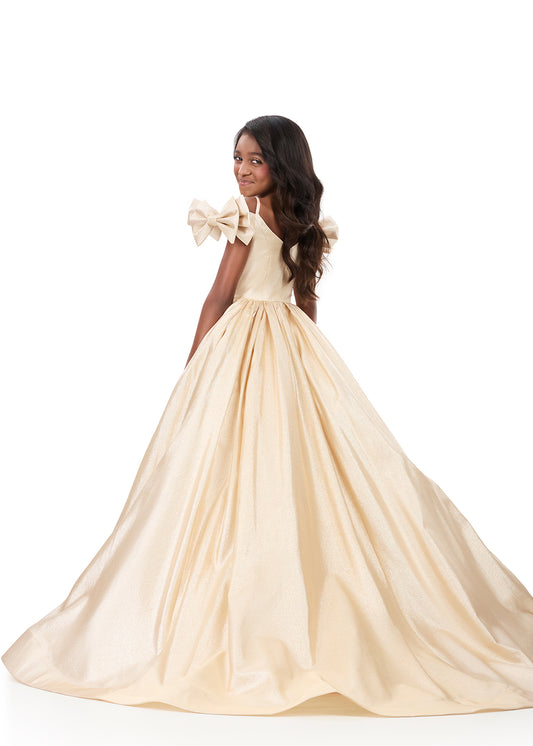 ASHLEYlauren 8349 Girls Gold Bow Sleeve Ball Gown Pageant Dress