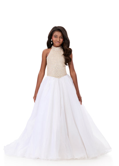 ASHLEYlauren 8355 Ivory Girls Ballgown high neckline beaded drop waistline