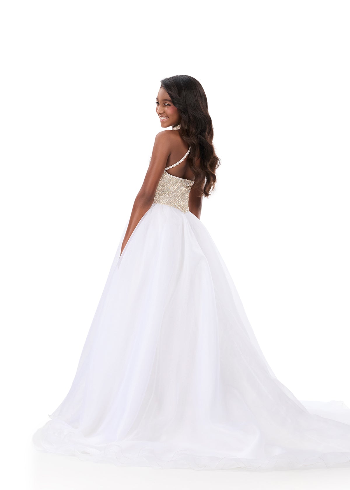 ASHLEYlauren 8355 Ivory Girls Ballgown high neckline beaded drop waistline