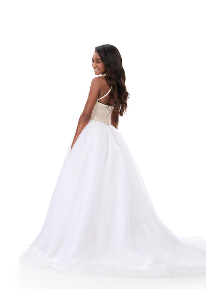 ASHLEYlauren 8355 Ivory Girls Ballgown high neckline beaded drop waistline