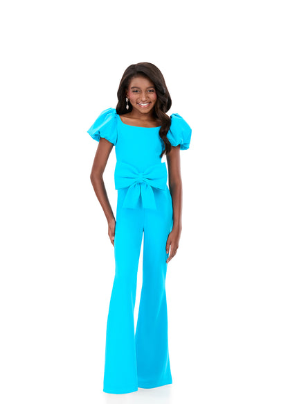 ASHLEYlauren 8357 Turquoise Girls Pageant Jumpsuit bow puff sleeves back