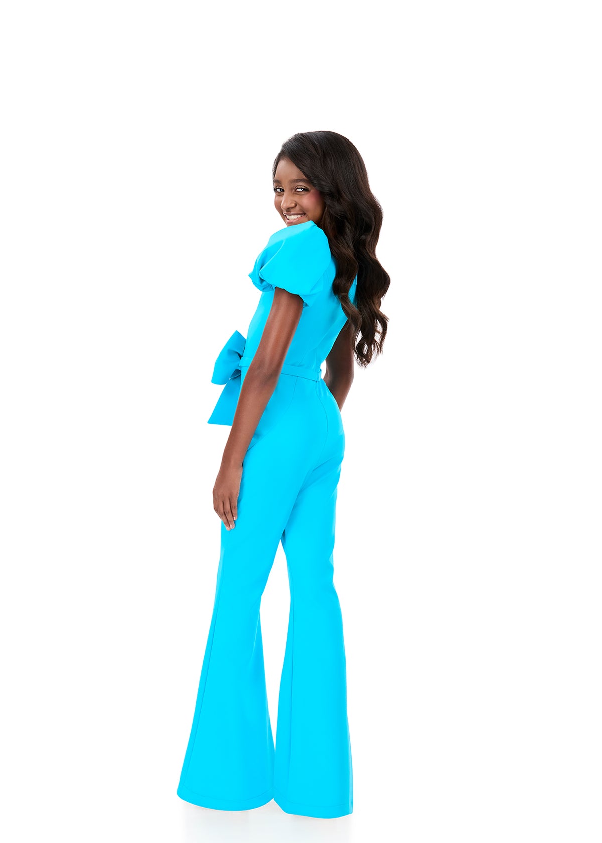ASHLEYlauren 8357 Turquoise Girls Pageant Jumpsuit bow puff sleeves