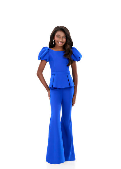 ASHLEYlauren 8358 Royal Blue Girls Jersey pantsuit with puff sleeves