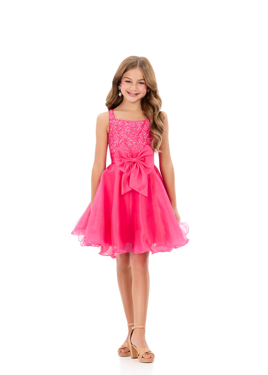 ASHLEYlauren 8359 Girls fuchsia short dress heat set bodice flowy organza skirt