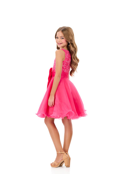 ASHLEYlauren 8359 Girls fuchsia short dress heat set bodice flowy organza skirt back