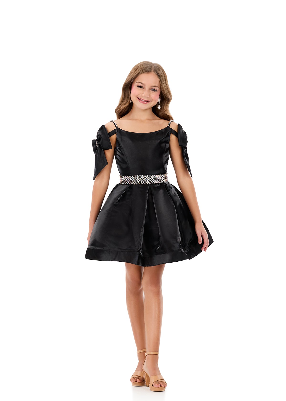 ASHLEYlauren 8360 Girls black satin cocktail dress off the shoulder bows