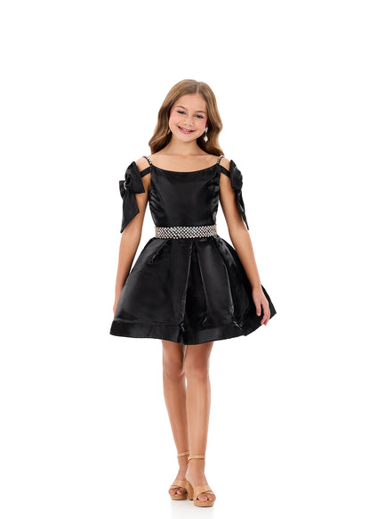 ASHLEYlauren 8360 Girls black satin cocktail dress off the shoulder bows