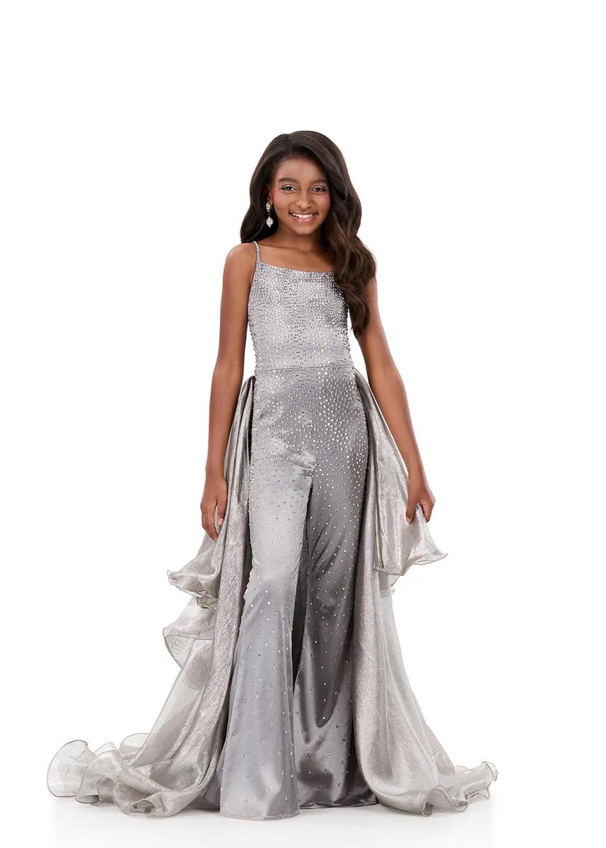 ASHLEYlauren 8361 Girls Silver Fun Fashion Jumpsuit with Overskirt