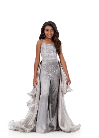 ASHLEYlauren 8361 Girls Silver Fun Fashion Jumpsuit with Overskirt