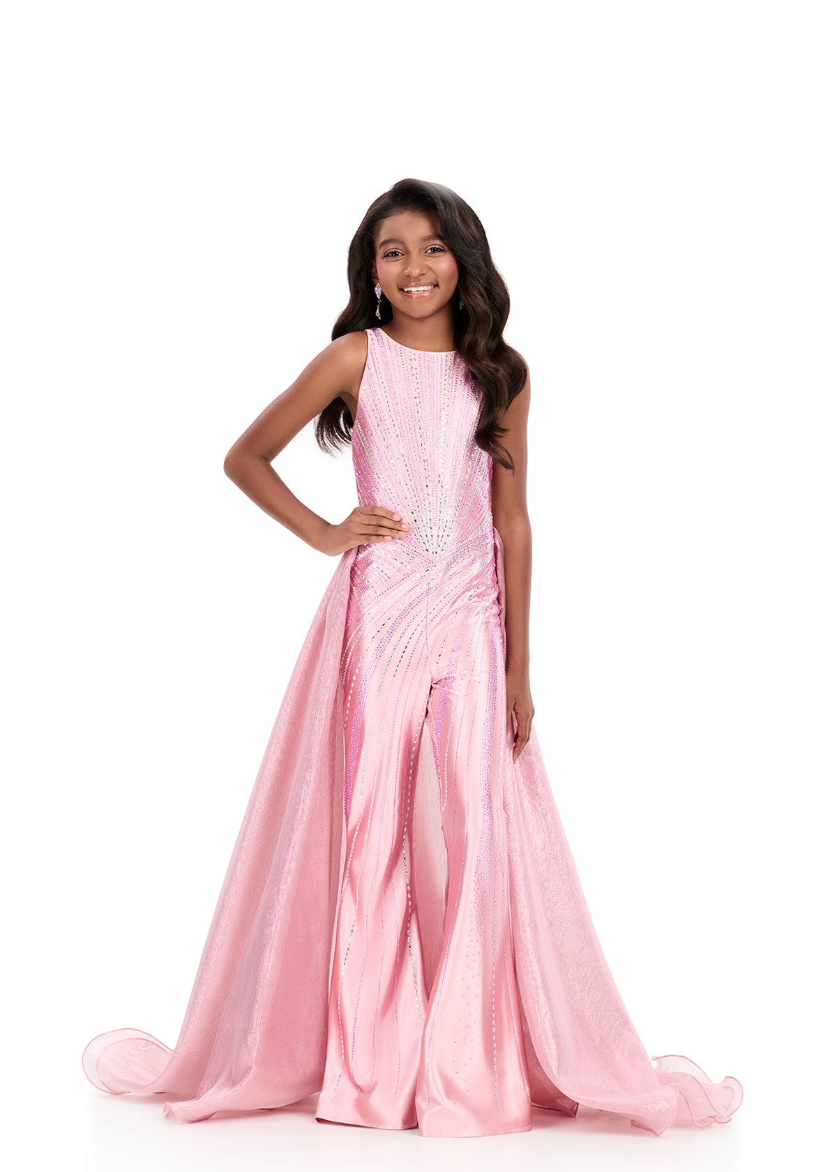 ASHLEYlauren 8362 Girls rose gold pageant jumpsuit overskirt 